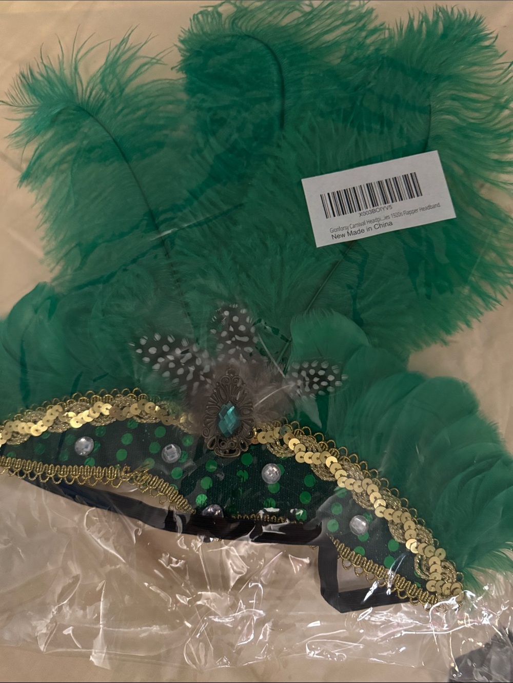 Green Feathered Sequin Showgirl Headpiece with Gold Trim - Picture 4 of 4